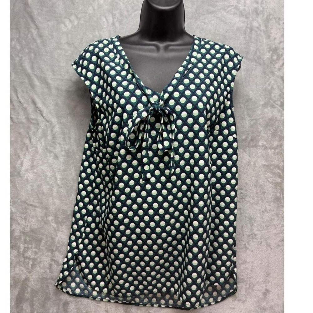 Merona Womens Large Green Navy Geometric Polka Dot Tie Neck Blouse‎ Sleeveless